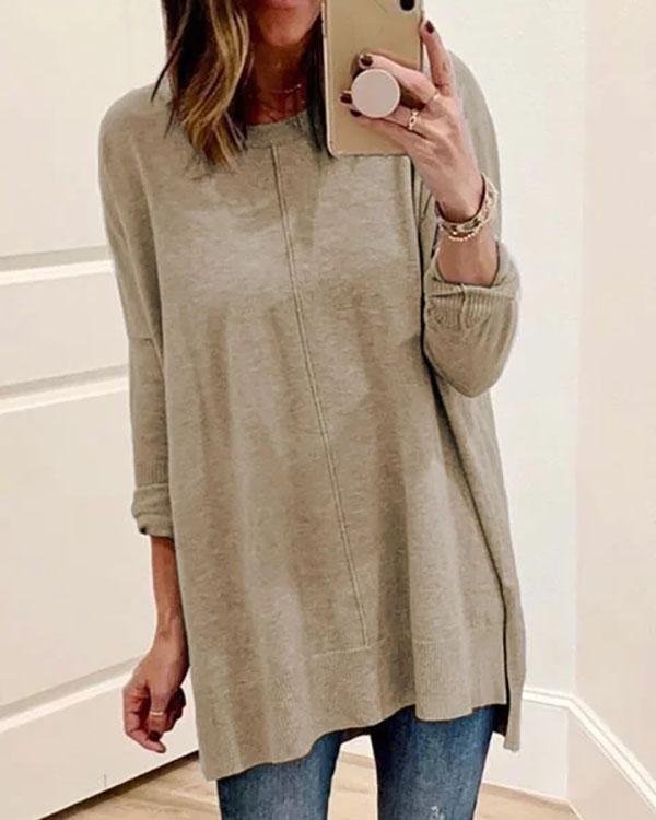 Plus Size Casual Long Sleeve Crew Neck Solid Tops