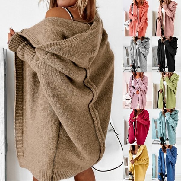 Women Solid Color Coat Knitted Hooded Long Length Cardigan Long Sleeve Warm Winter Wild Clothing - Shop Trendy Women's Fashion | TeeYours