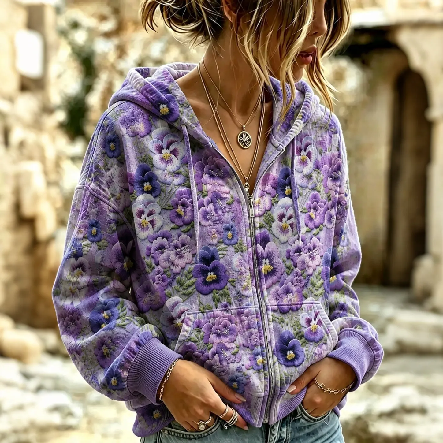 Comstylish Women's Retro Floral Print Casual Warm Zip-up Hoodie