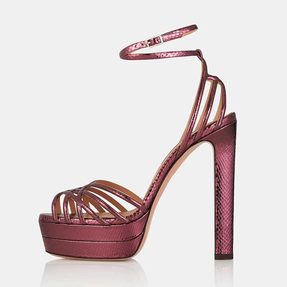 Purple Metallic Strappy Snake Print High Heels Sandals with Platform