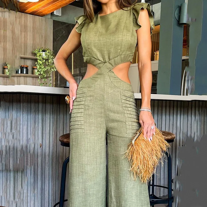 Toloer Toloer New 2024 Summer Round Collar Flounce Jumpsuit-Outfit Ideas