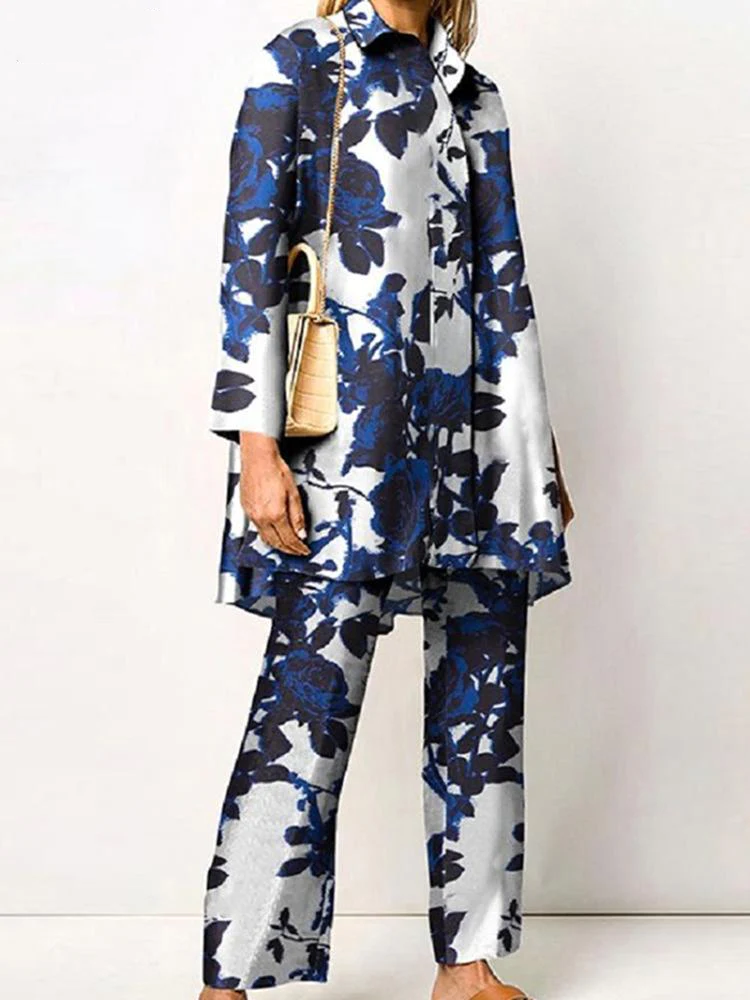 Blue Rose Print Two Piece Set