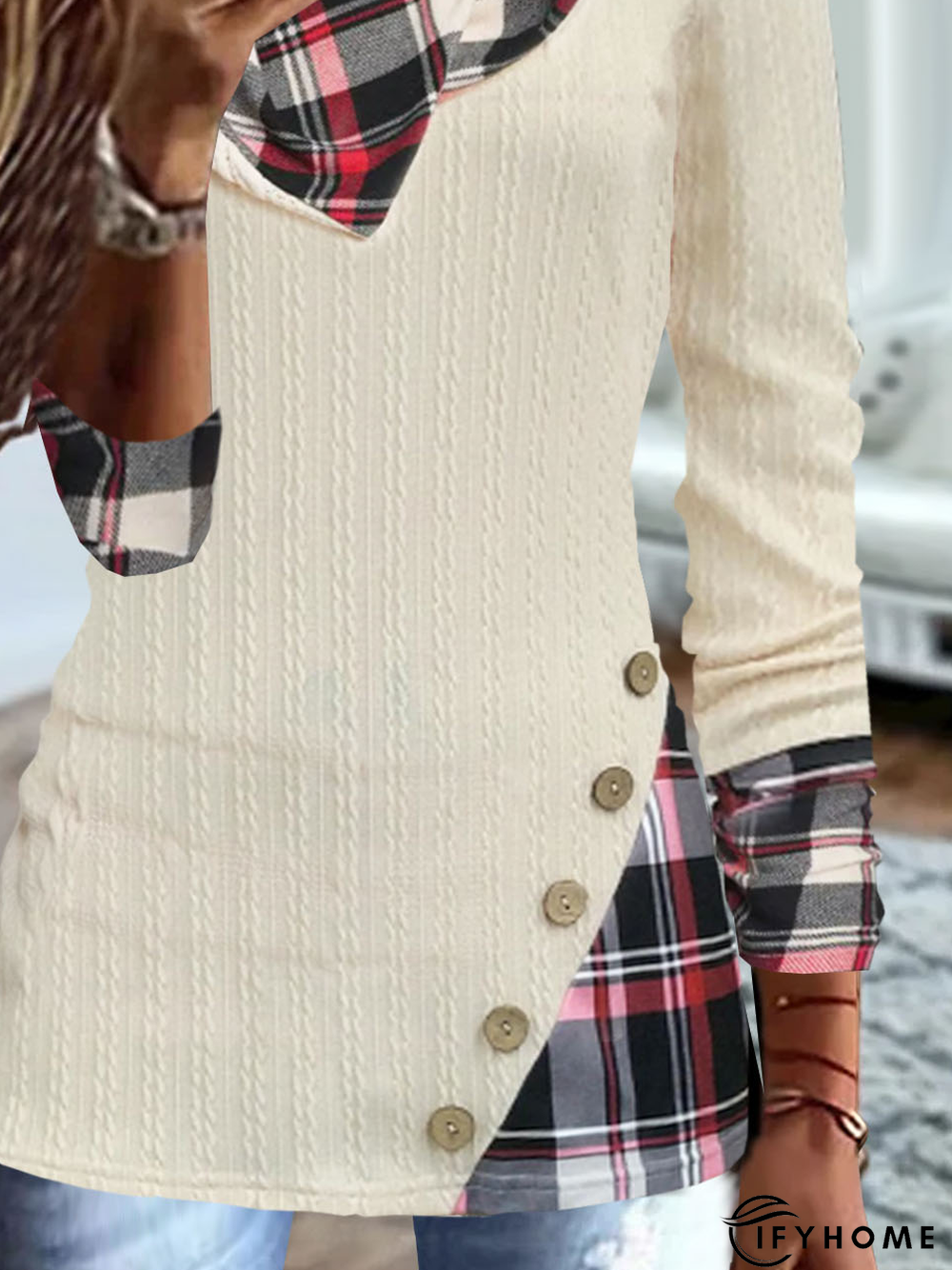 Casual Plaid Color Block Jersey Loose Buckle Texture Sweatshirt | IFYHOME