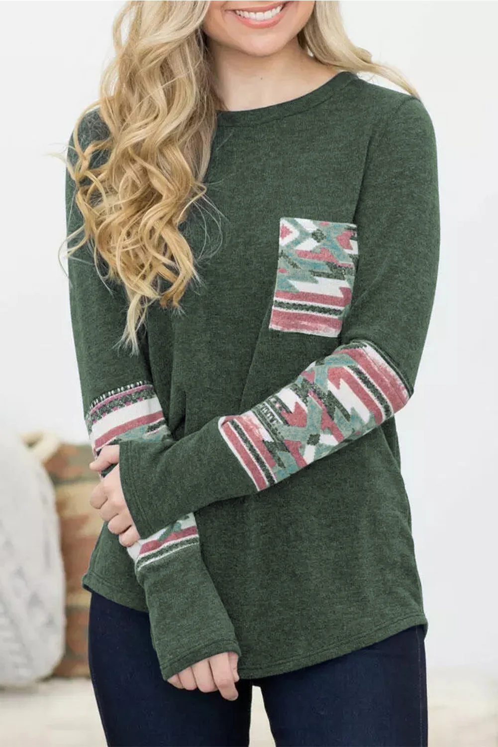 Green Aztec Patchwotk Long Sleeve Top | IFYHOME