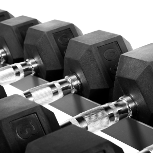 Top shelf of the XMark 4455 2-Tier Dumbbell Rack showing taller shelf lip to hold larger dumbbells