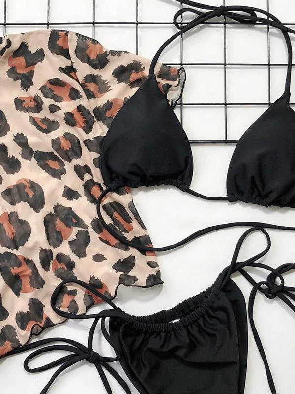 Leopard Print Half Sleeve Bikinisthree-Piece Set