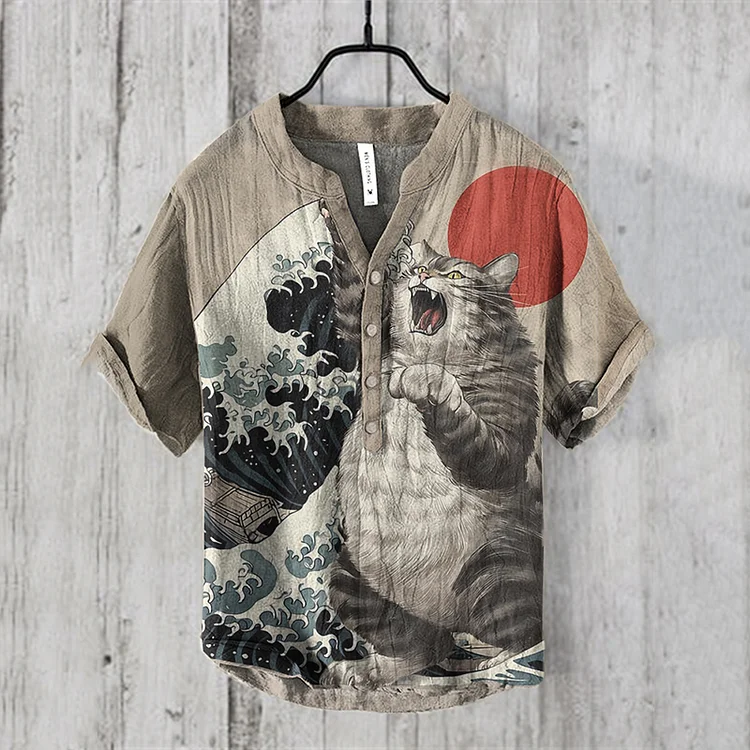 Comstylish Japanese Cat Art Print Henry Collar Shirt