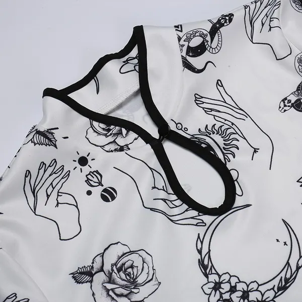 Womens Vintage Cheongsam Print Dress floral white short sleeve high waist skinny mini