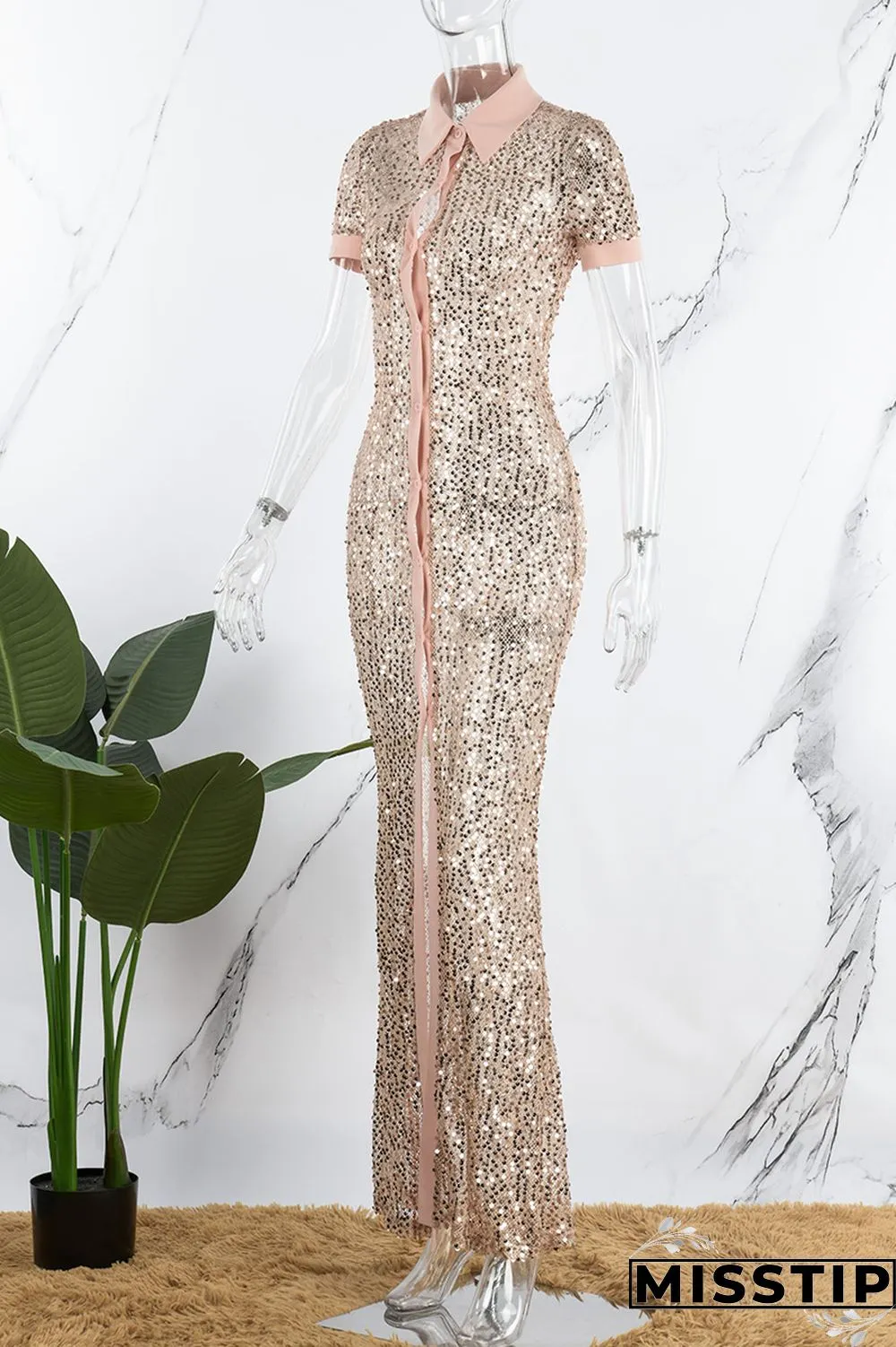 Champagne Sexy Patchwork Sequins Slit Turndown Collar Short Sleeve Dress Dresses