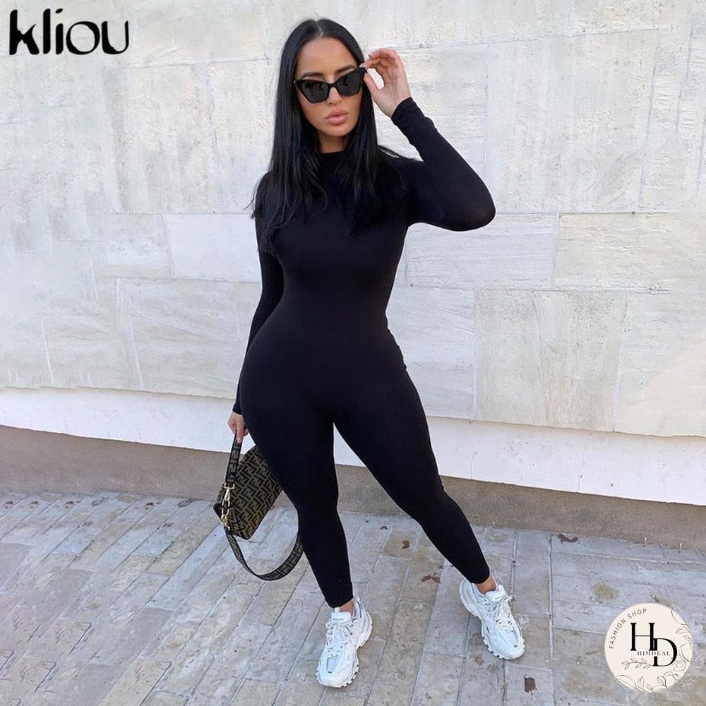 Kliou Solid Black/Gray Long Sleeve Skiing  Jumpsuit Women Elastic Hight Outfit Fashion Fitness Sportwear Slim Rompers Streetwear