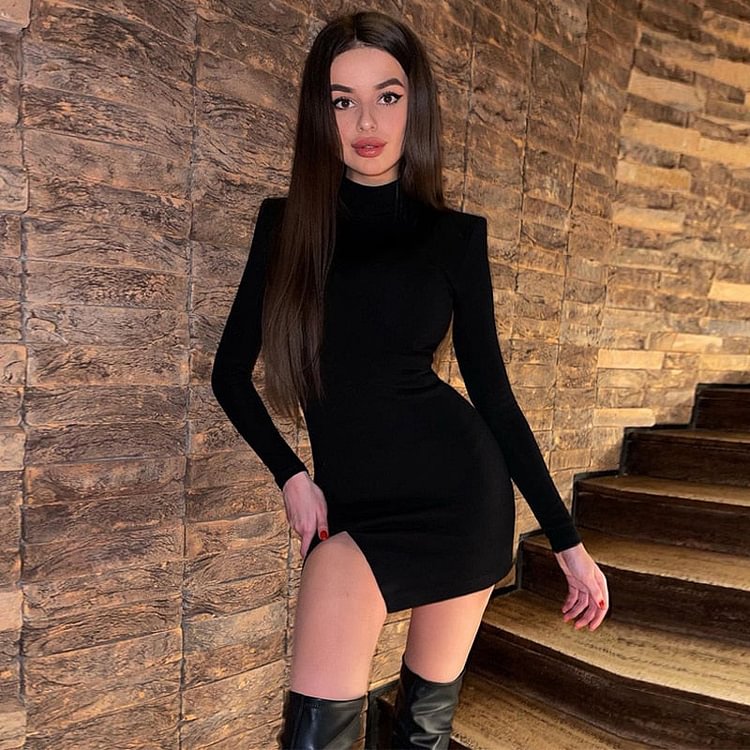 Hugcitar 2021 Long Sleeve Solid Turtleneck Cut Out Shoulder Pads Mini Dress Spring Summer Women Fashion Sexy Party Club Outfits