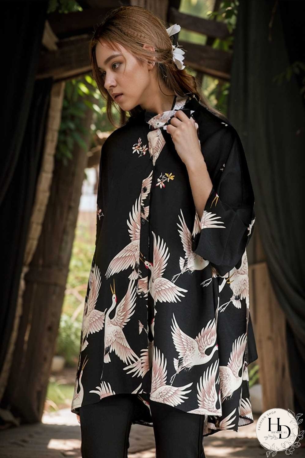 size curve blouses crane print loose oversized blouse