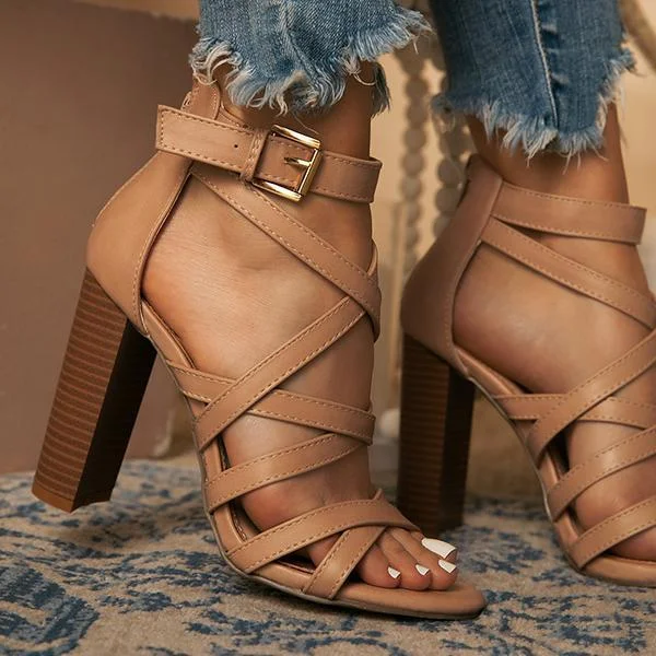 Ankle Adjustable Gold-Tone Buckle Chunky Heels