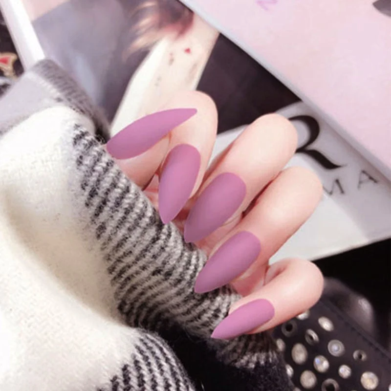 24Pcs Full Cover Pointed Head Scrub Temperament white matte false nails Wearable Stiletto Fake press on Nail with Glue for gils-Nail Inspo