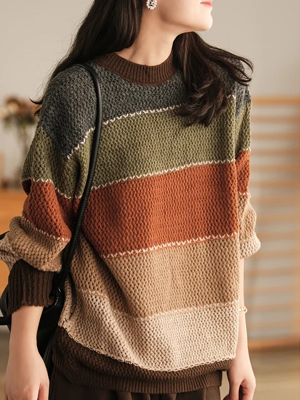 Loose Striped Round Neck Sweater - yankia