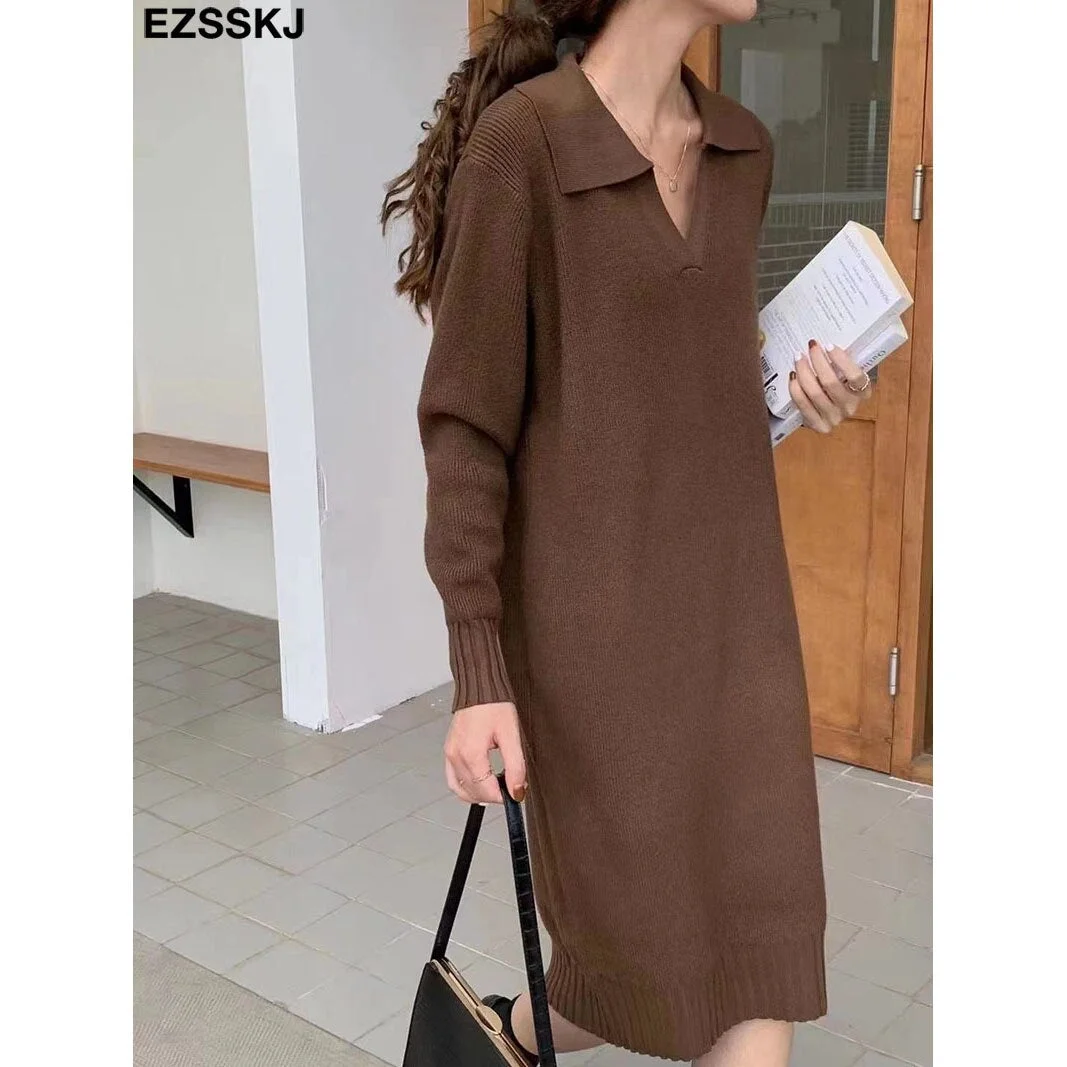 2021 Autumn Winter warm chic polo callor midi straight sweater Dress Women Casual oversize Sweater Dresses maix THICK  Dress