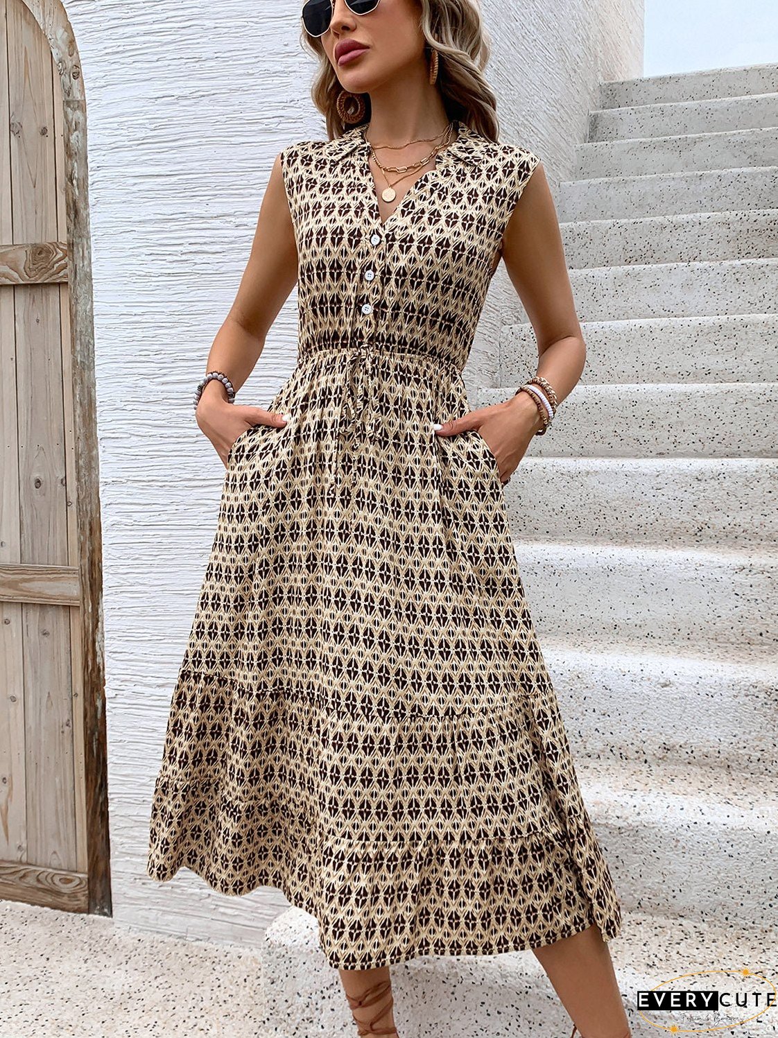 Printed Johnny Collar Midi Dress