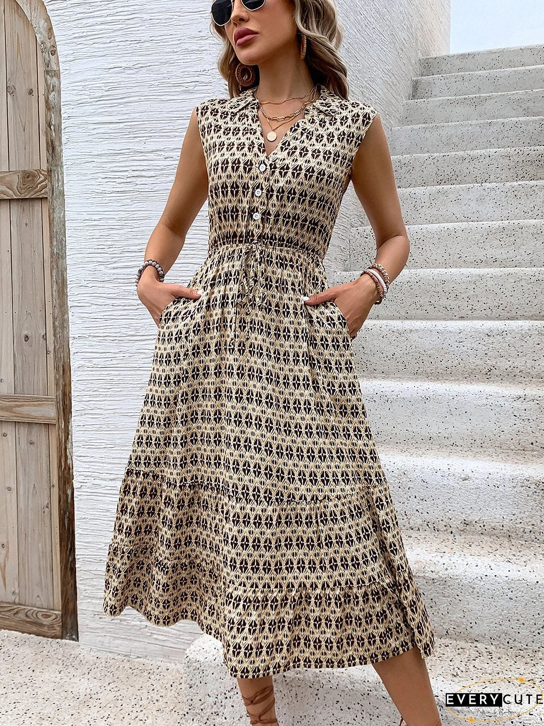 Printed Johnny Collar Midi Dress