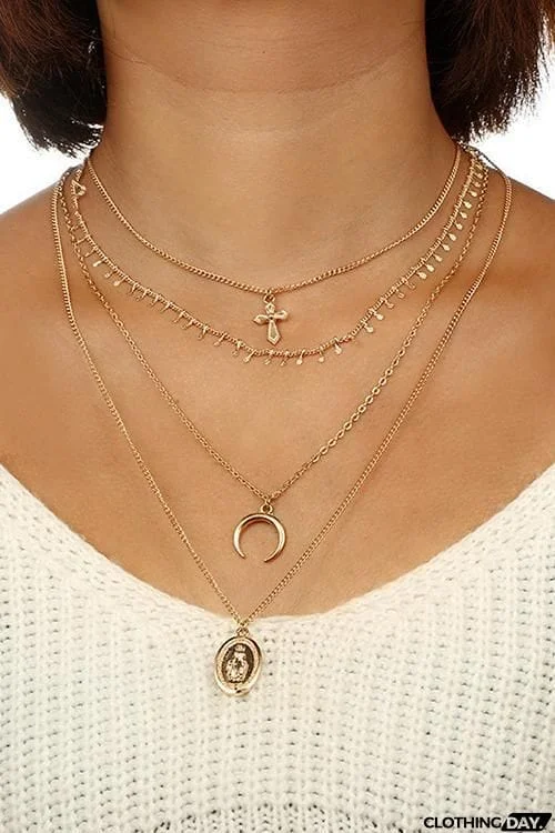 Cross Moon Layers Necklace