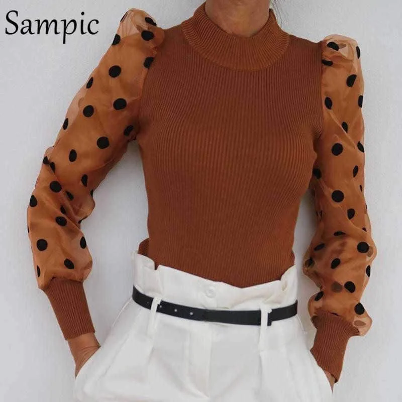 Sampic Woman Turtleneck Slim Polka Dot Puff Long Sleeve Blouses Shirts Thin Casual Mesh Shirts Tops Autumn Winter