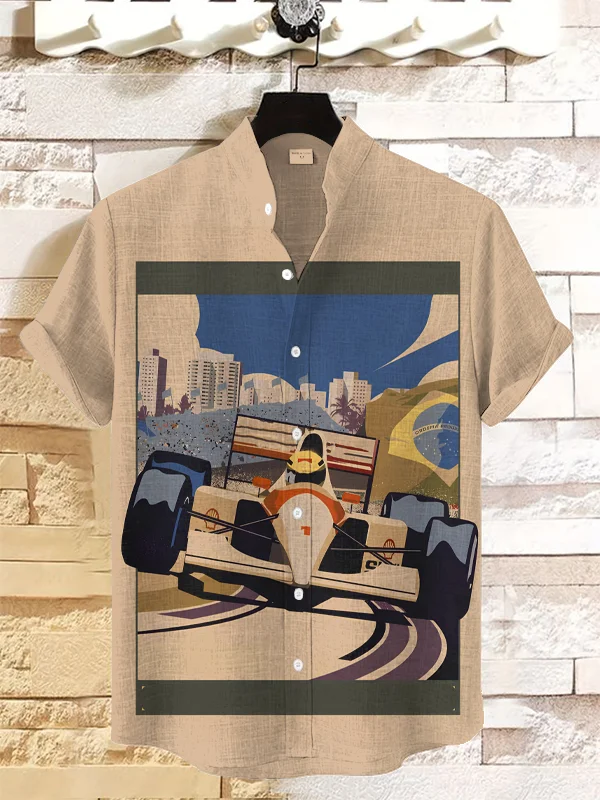 Men's Retro Outdoor Car Racing Illustration Print Casual Shirt