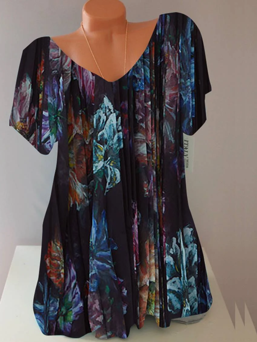 Women's Casual Short Sleeve Scoop Neck Floral Printed Striped Printed Tops T-shirt