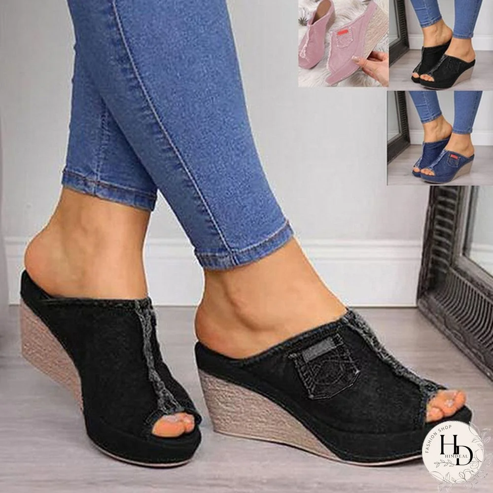 Ladies Fashion Retro Denim Wedge Slippers High Wedges Platforms Sandals