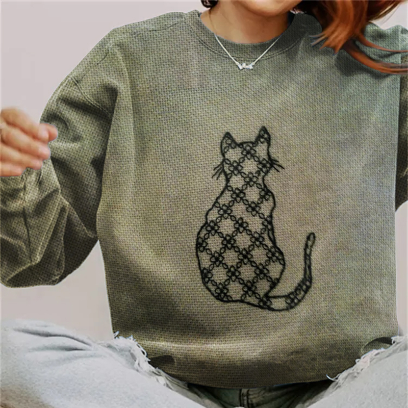 Comstylish Women'S Embroidered Cat Print Crew Neck Casual Sweatshirt