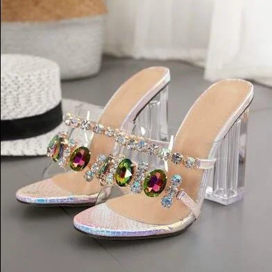 Qengg Summer Fashion Crystal Diamond Slides Clear PVC Transparent Slippers Women Shoes Peep Toe High Heels Mules Dress Pumps