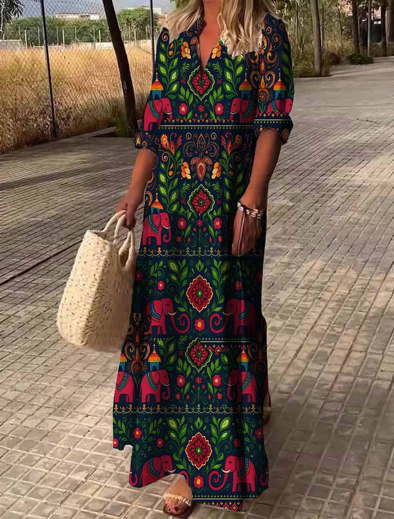 Women Still, Black, Magenta DZDN0098 SPU Printed Long Sleeve V-neck Maxi Dress