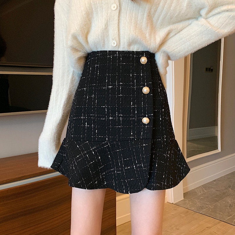 Fongt Plaid Skirts Women 2022 Korean Chic Button Black Mermaid High ...