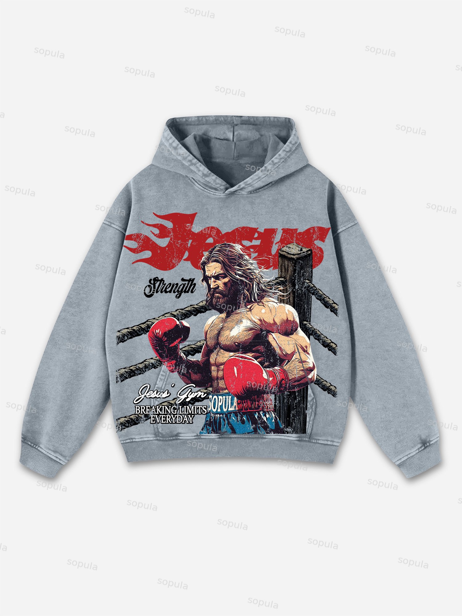 Jesus' Gym Boxer Graphic Print Washed Hoodie - Sopula｜Premium Graphic Tees & Graphic Clothing