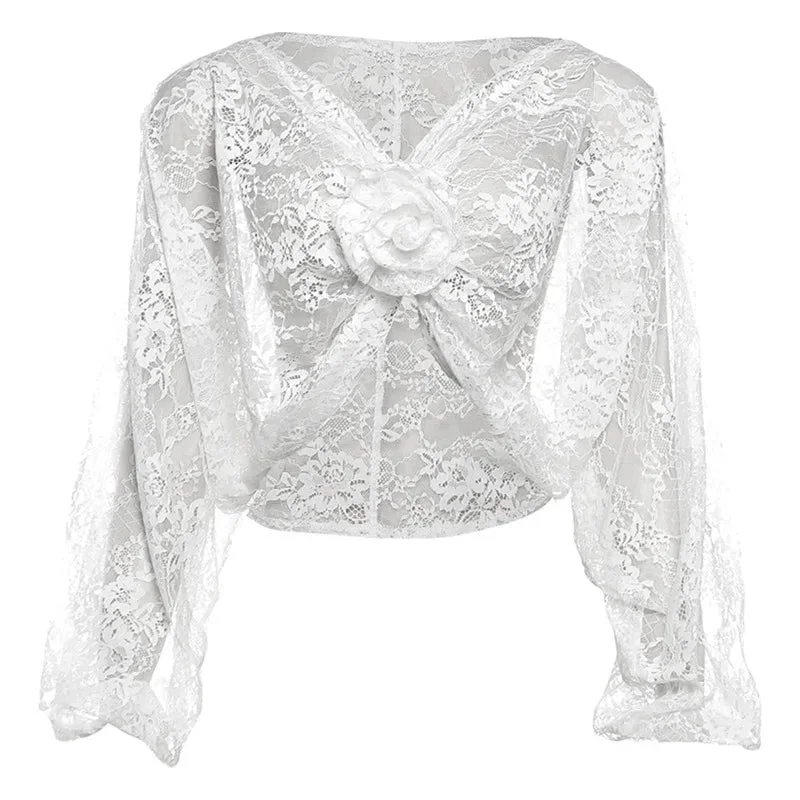 Toloer White Sheer Lace Knot Long Sleeve Crop Blouse-Outfit Ideas