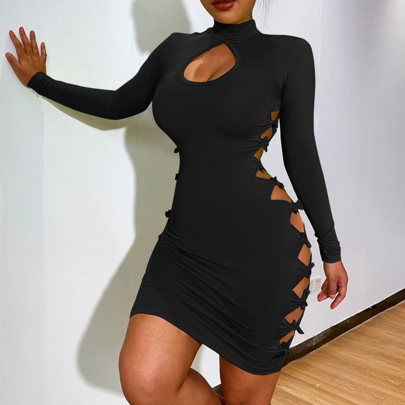 Women Sexy Sheath Party Dress Solid Color Mock Neck Long Sleeve Cutout Spring Autumn Bodycon Dress Black/White/Green