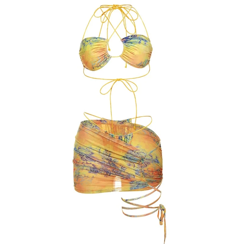 Nibber Printing Three piece Set Women Cross Lace-up Tops+underwear T-back+Mesh leggings skirt Suit Female Bikini Beach Swimming