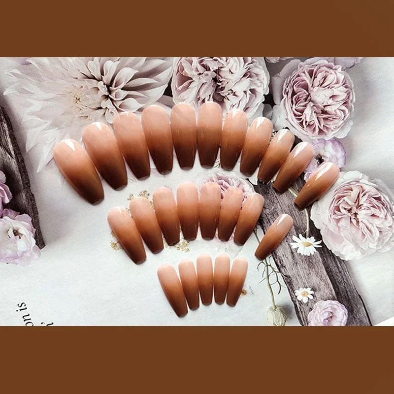 24pcs Winter Warm Brown Gradient False Nails Detachable Coffin French Ballerina Fake Nails Wearing Nail Nail Patch Nail Patch-Nail Inspo
