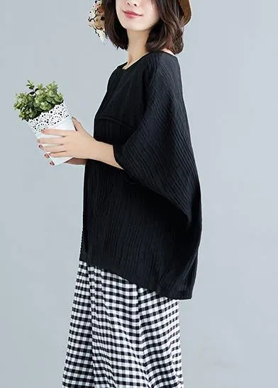 French black cotton blended clothes For Women stylish Fabrics o neck Batwing Sleeve patchwork loose Summer tops