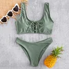 ZAFUL Scoop Lace Up Bikini Swimwear Solid Color Swimsuit Padded Wire Free Swimming Wear Bathing Suit Bikini Set Biquini