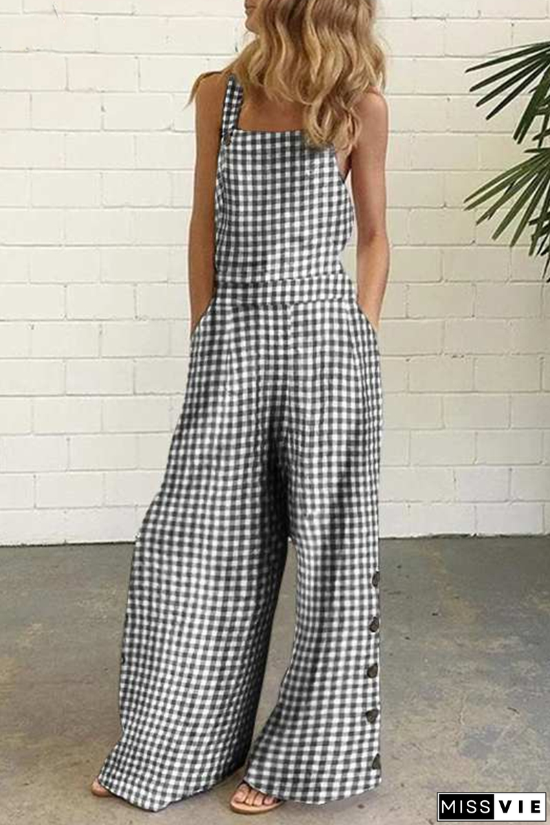 Casual Plaid Buttons Square Collar Straight Jumpsuits