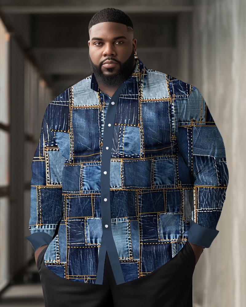 Big and Tall Men's Casual Denim Geometric Blocks Print Long Sleeve Shirt