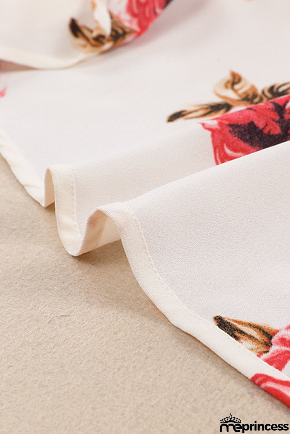 Beige Floral Print V Neck Button Down Blouse