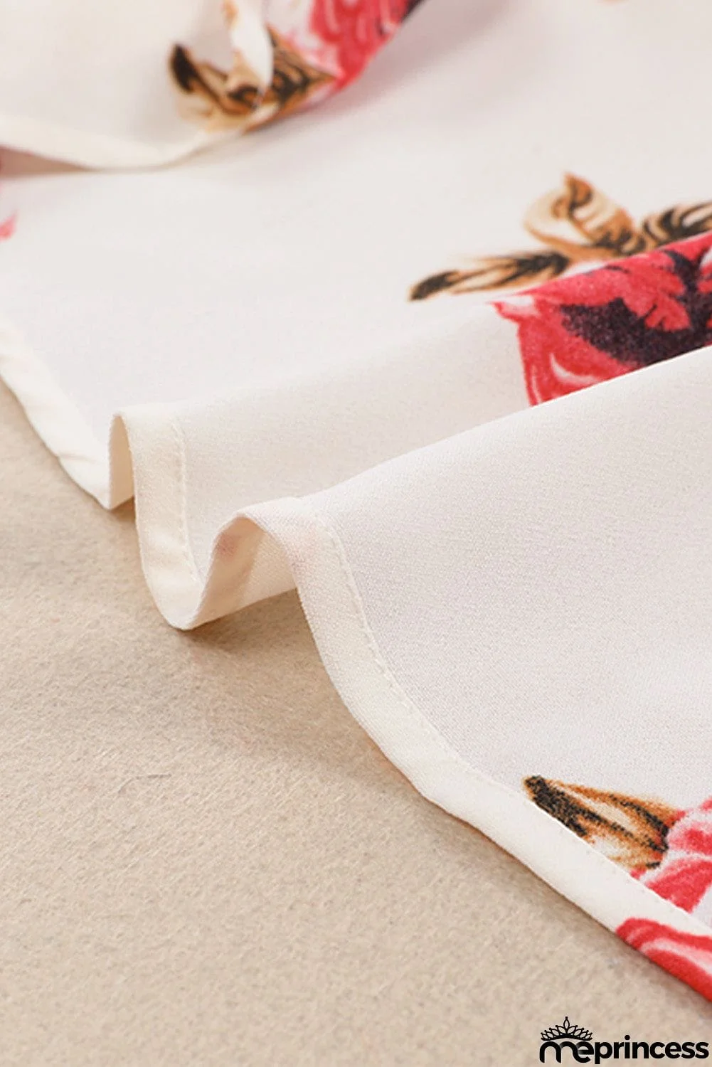 Beige Floral Print V Neck Button Down Blouse