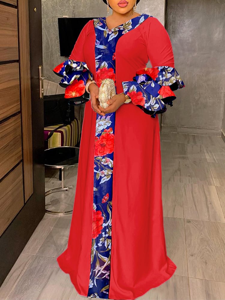 Contrast Flower Tiered Bell Sleeve V-neck Maxi Dress SKUJ39955 QueenFunky