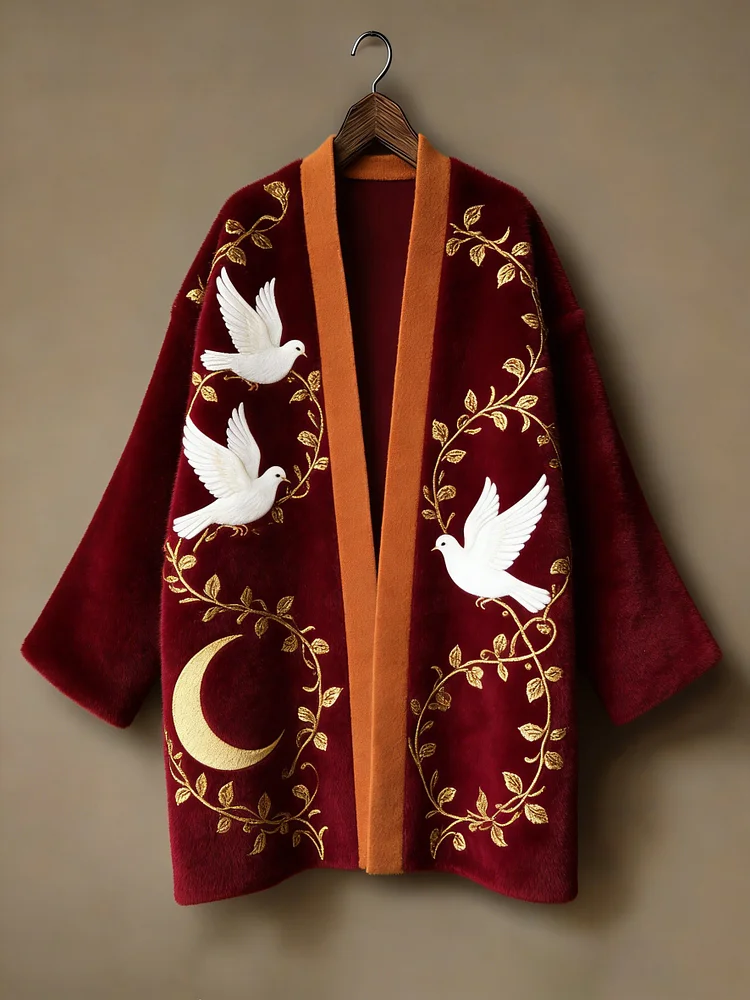 Winter warmest flannel printed and embroidered pattern kimono cardigan