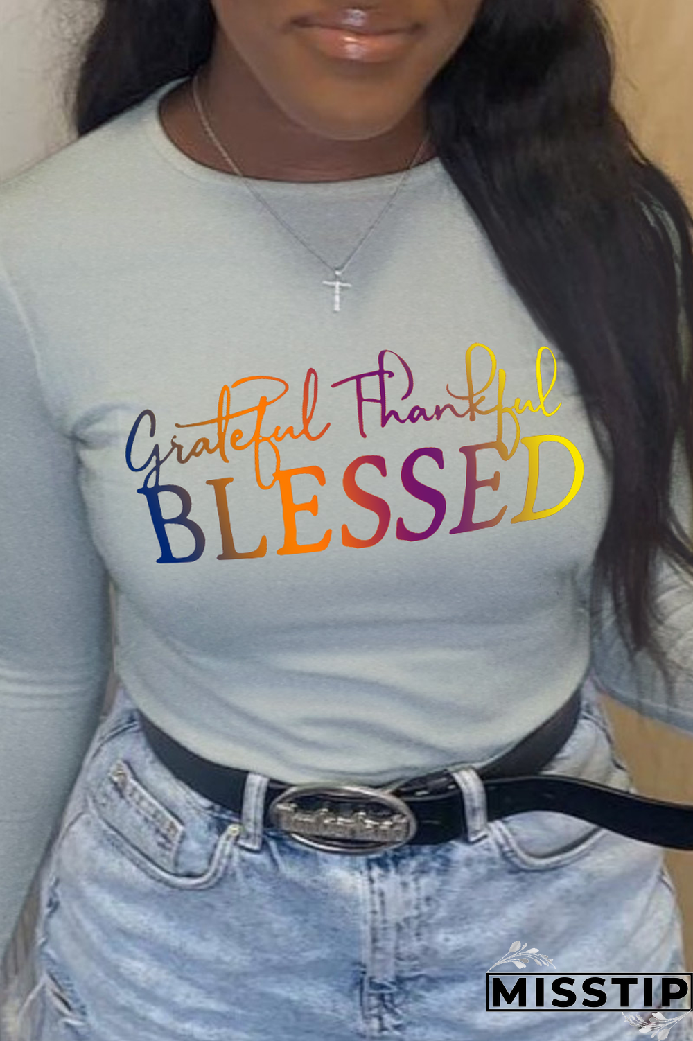 Grey Casual Print Patchwork Letter O Neck Tops