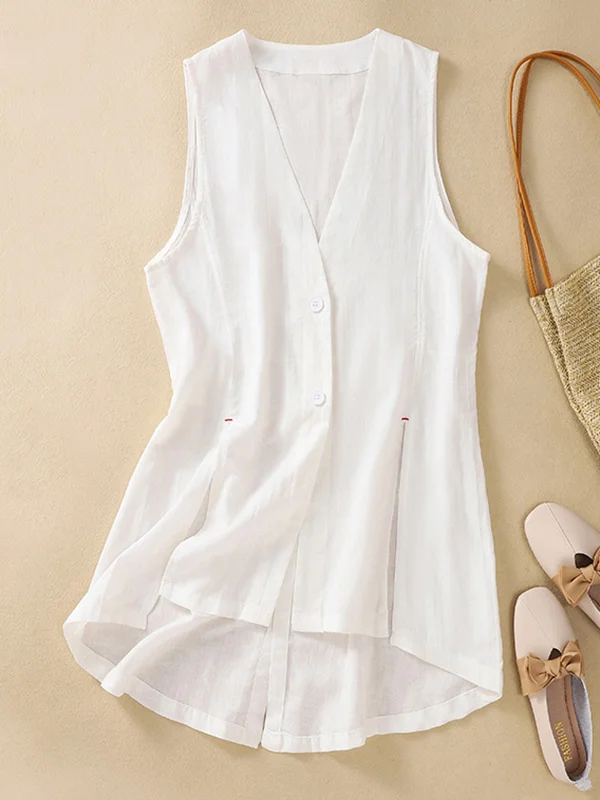 Loose Sleeveless Buttoned Solid Color V-Neck Vest Top