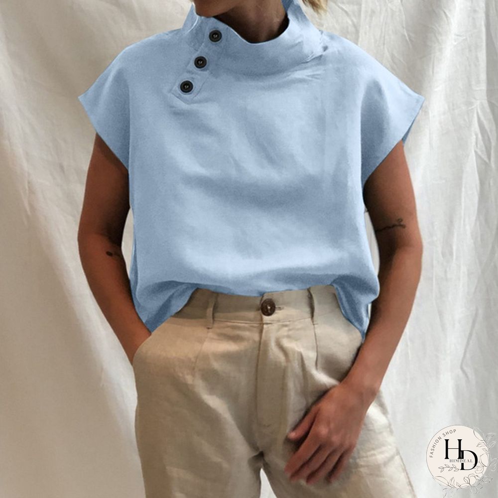 Summer Women Batwing Short Sleeve Blouse Cotton Linen High Collar Casual Loose Shirt Plus