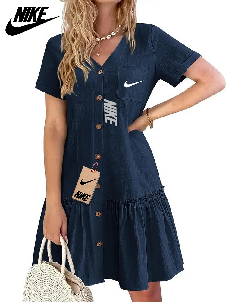 Ženska ljetna haljina s jednim redom kopčanja 2025, ležerna, široka, s džepovima, volanima i rubom @NIKE