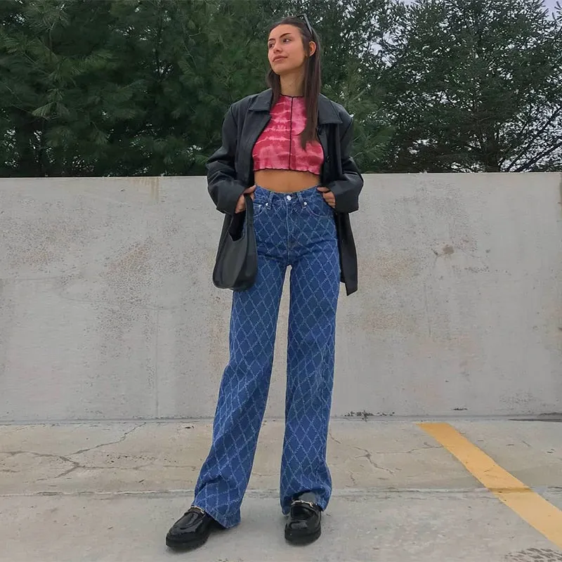 HEYounGIRL Casual Argyle Woman Jeans Straight High Waist Pants Capris Froll Plaid Fashion Long Denim Trousers Streetwear