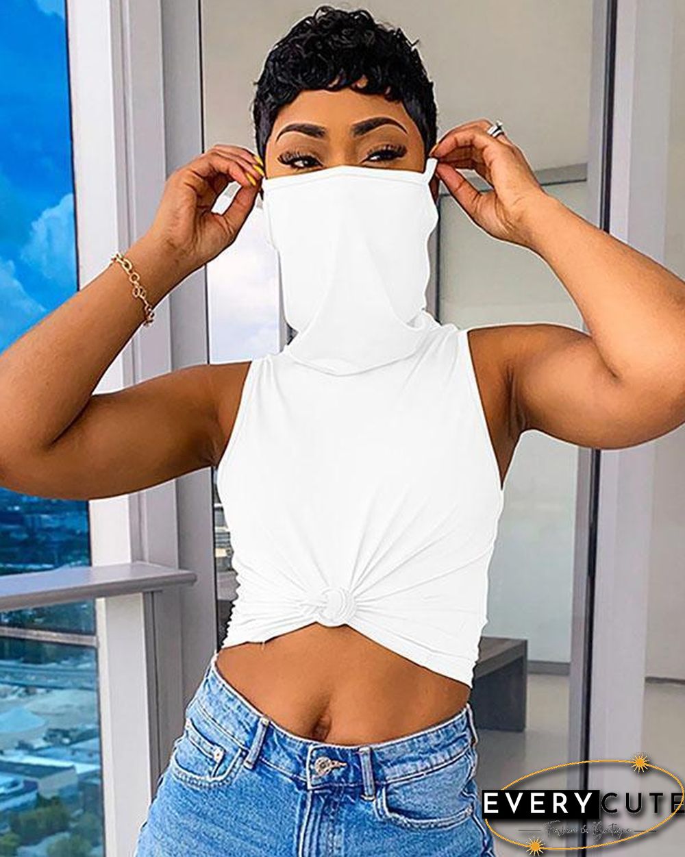 Solid Color Sleeveless Casual Shirt Top With Bandana